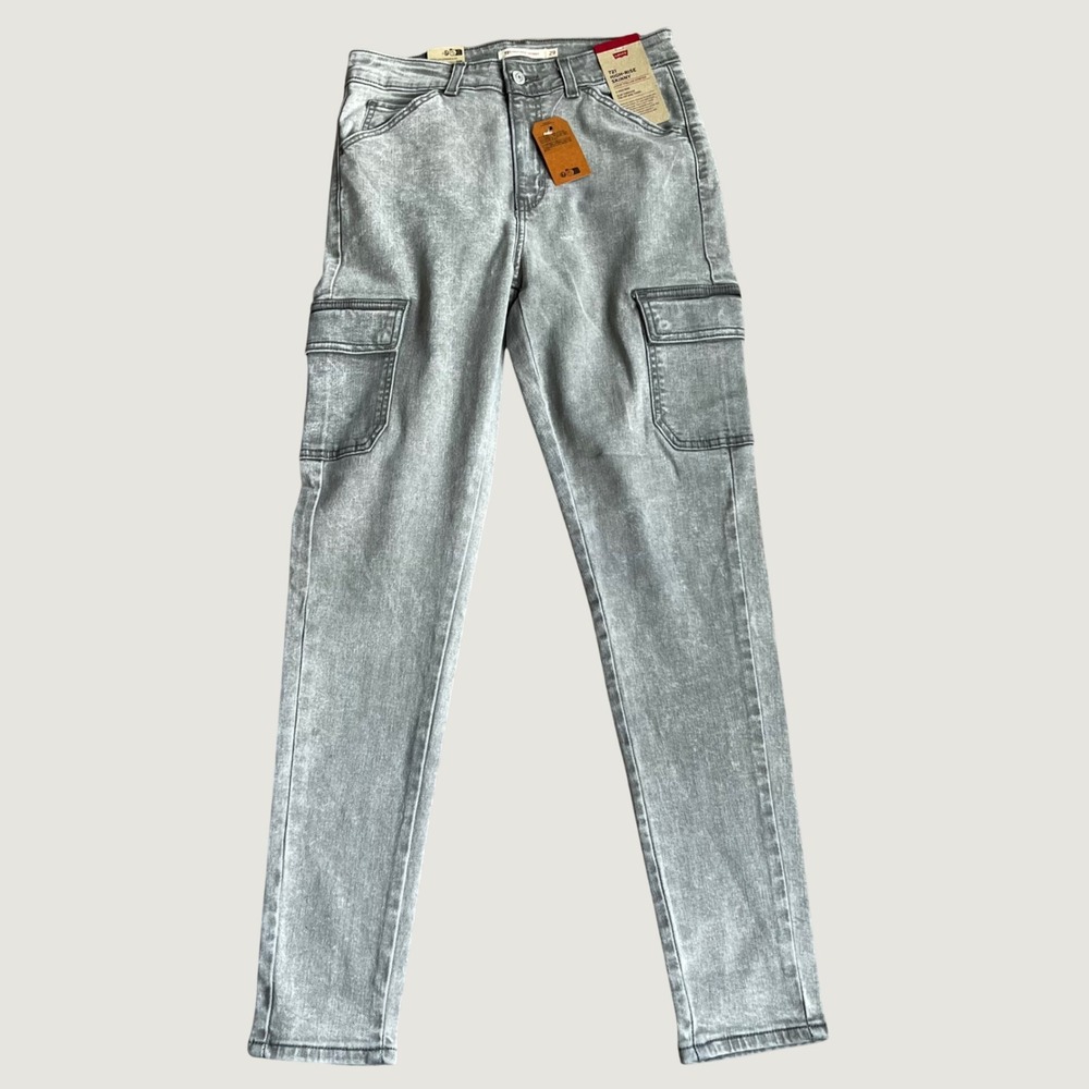 Levis 721 High Rise Skinny Cargo Jeans Grey Acid Wash Stellar Stretch